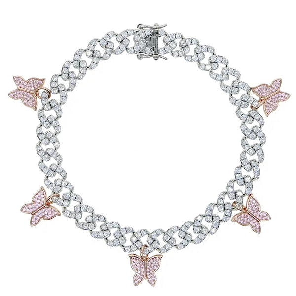 Butterfly Cuban Anklet - Silver/Pink